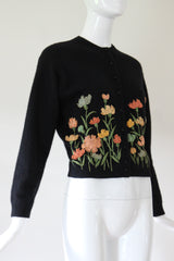 "Muted Embroidered Florals" Vintage 1950's Black Floral Embroidered Cardigan UK 12 US 8