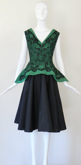 "Green Faille & Lace" Vintage 1950's Green Faille & Black Lace Beaded Dress UK 10 US 6