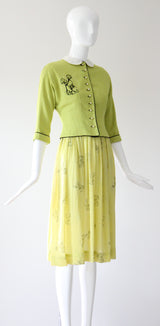 "Chartreuse Companions" Vintage Late 1940's Chartreuse Novelty Print Dress & Jacket Set UK 6 US 2