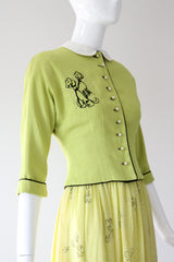 "Chartreuse Companions" Vintage Late 1940's Chartreuse Novelty Print Dress & Jacket Set UK 6 US 2