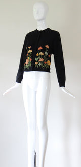 "Muted Embroidered Florals" Vintage 1950's Black Floral Embroidered Cardigan UK 12 US 8