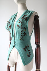 "Wildflowers & Wool" Vintage 1940's Pacific Blue Embroidered & Knitted Waistcoat UK 6-8 US 2-4