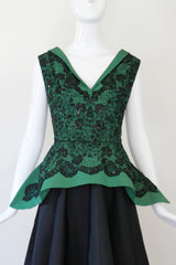 "Green Faille & Lace" Vintage 1950's Green Faille & Black Lace Beaded Dress UK 10 US 6