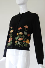 "Muted Embroidered Florals" Vintage 1950's Black Floral Embroidered Cardigan UK 12 US 8