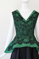 "Green Faille & Lace" Vintage 1950's Green Faille & Black Lace Beaded Dress UK 10 US 6