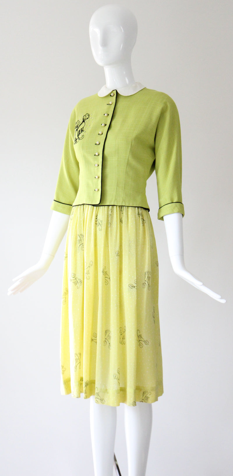 "Chartreuse Companions" Vintage Late 1940's Chartreuse Novelty Print Dress & Jacket Set UK 6 US 2