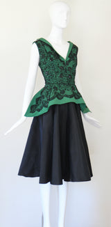 "Green Faille & Lace" Vintage 1950's Green Faille & Black Lace Beaded Dress UK 10 US 6