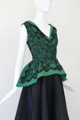 "Green Faille & Lace" Vintage 1950's Green Faille & Black Lace Beaded Dress UK 10 US 6