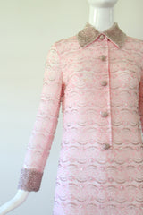 "Beaded Floral Lace" vintage 1960's Pink Floral Lace Beaded Dress UK 8 US 4
