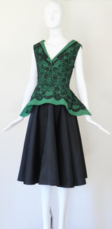 "Green Faille & Lace" Vintage 1950's Green Faille & Black Lace Beaded Dress UK 10 US 6
