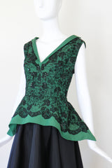 "Green Faille & Lace" Vintage 1950's Green Faille & Black Lace Beaded Dress UK 10 US 6
