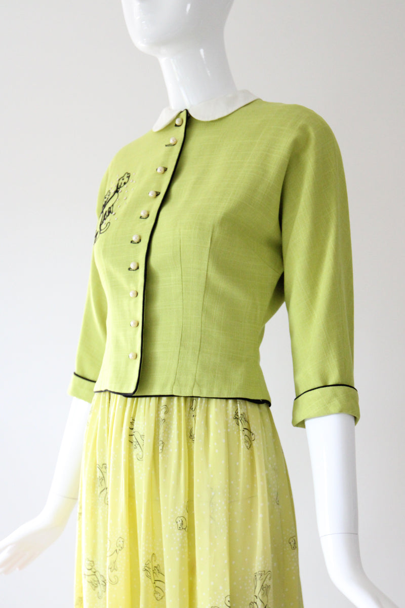 "Chartreuse Companions" Vintage Late 1940's Chartreuse Novelty Print Dress & Jacket Set UK 6 US 2