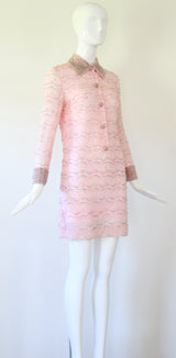 "Beaded Floral Lace" vintage 1960's Pink Floral Lace Beaded Dress UK 8 US 4