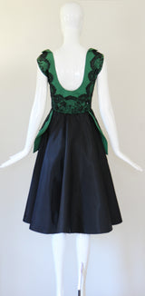 "Green Faille & Lace" Vintage 1950's Green Faille & Black Lace Beaded Dress UK 10 US 6