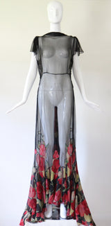 "Wild Tulips" Vintage 1930's Silk Chiffon & Voile Evening Gown UK 10 US 6