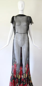 "Wild Tulips" Vintage 1930's Silk Chiffon & Voile Evening Gown UK 10 US 6