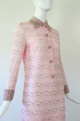 "Beaded Floral Lace" vintage 1960's Pink Floral Lace Beaded Dress UK 8 US 4