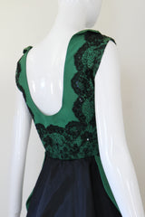 "Green Faille & Lace" Vintage 1950's Green Faille & Black Lace Beaded Dress UK 10 US 6