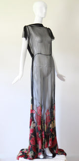 "Wild Tulips" Vintage 1930's Silk Chiffon & Voile Evening Gown UK 10 US 6
