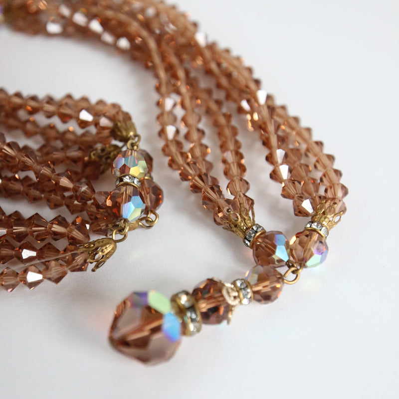 "Sparkling Bronze" Vintage 1960's Iridescent Bronze Glass Bead Longline Necklace