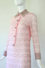 "Beaded Floral Lace" vintage 1960's Pink Floral Lace Beaded Dress UK 8 US 4