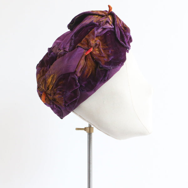 "Silk Velvet Painted Flowers" Vintage 1920's Silk Velvet & Satin Floral Hat