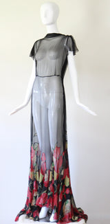 "Wild Tulips" Vintage 1930's Silk Chiffon & Voile Evening Gown UK 10 US 6