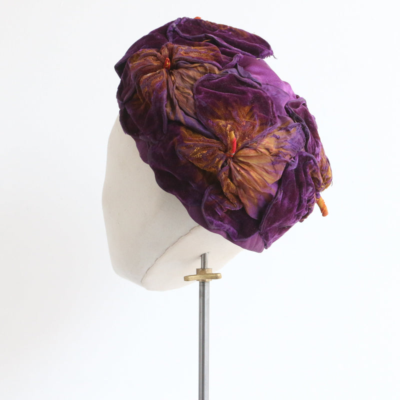 "Silk Velvet Painted Flowers" Vintage 1920's Silk Velvet & Satin Floral Hat