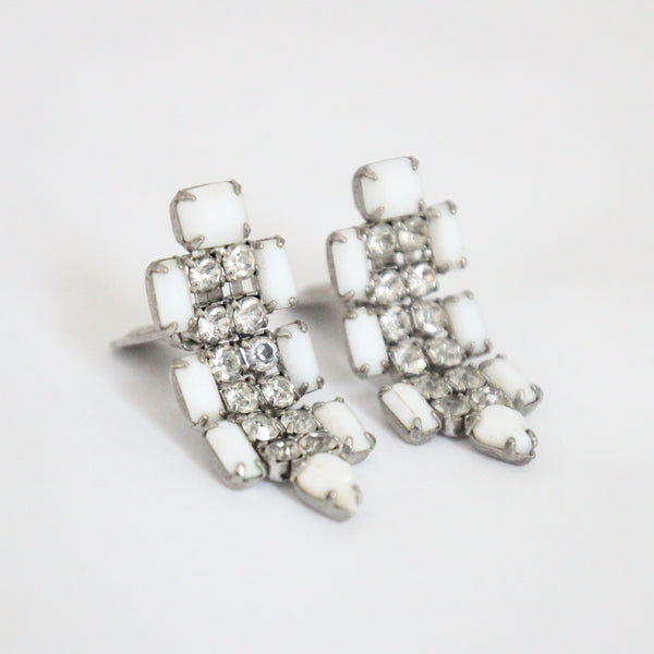 "Milk Glass & Rhinestones" Vintage 1950's Milk Glass & Rhinestone Weiss Clip on Earrings