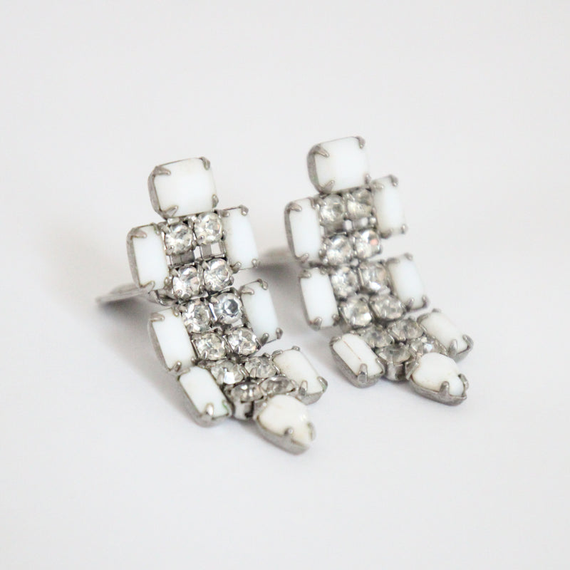 "Milk Glass & Rhinestones" Vintage 1950's Milk Glass & Rhinestone Weiss Clip on Earrings