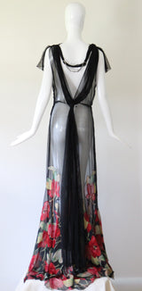 "Wild Tulips" Vintage 1930's Silk Chiffon & Voile Evening Gown UK 10 US 6