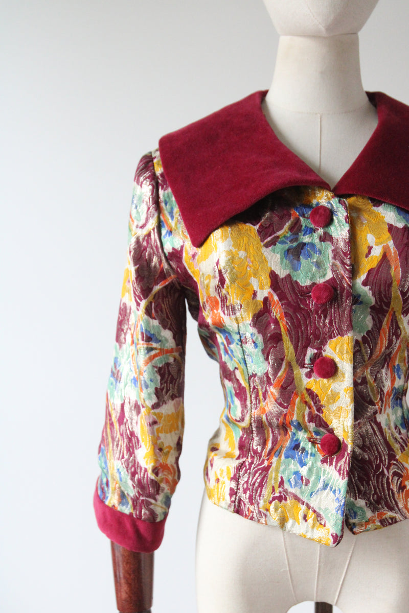 "Jewel Tone Lamé & Velvet" Vintage 1950's Jewel Tone Floral Lamé & Burgundy Velvet Jacket UK 12 US 8