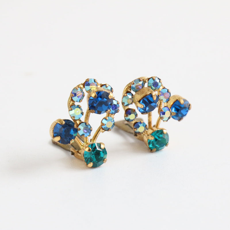 "Aqua Rhinestones" Vintage 1950's Rhinestone Clip On Earrings