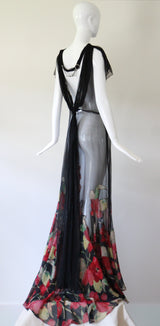"Wild Tulips" Vintage 1930's Silk Chiffon & Voile Evening Gown UK 10 US 6