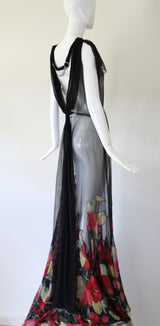 "Wild Tulips" Vintage 1930's Silk Chiffon & Voile Evening Gown UK 10 US 6