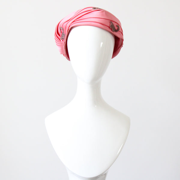 "Pink Pleated Satin" Vintage 1960's Pink Pleated Satin & Bead Turban