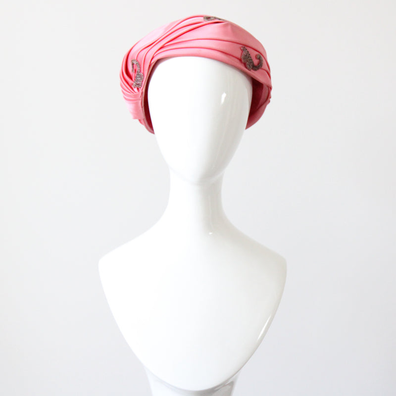 "Pink Pleated Satin" Vintage 1960's Pink Pleated Satin & Bead Turban