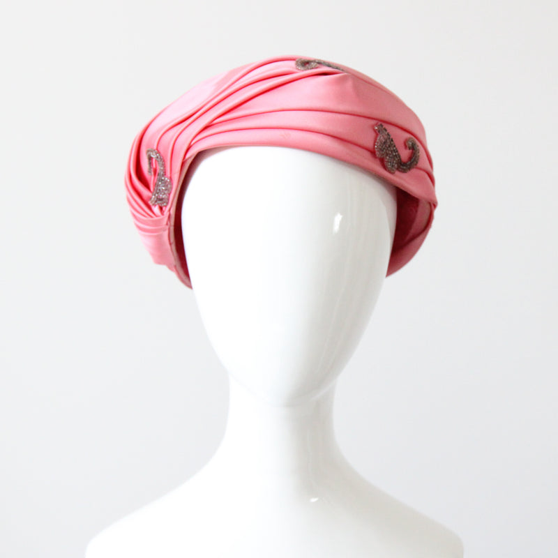 "Pink Pleated Satin" Vintage 1960's Pink Pleated Satin & Bead Turban