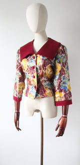 "Jewel Tone Lamé & Velvet" Vintage 1950's Jewel Tone Floral Lamé & Burgundy Velvet Jacket UK 12 US 8