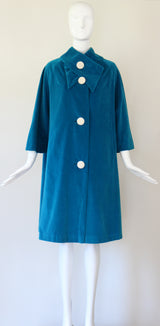 "Aqua Blue Velvet" vintage 1960's Aqua Blue Velvet & Pearl Button Coat UK 10-14 US 6-10