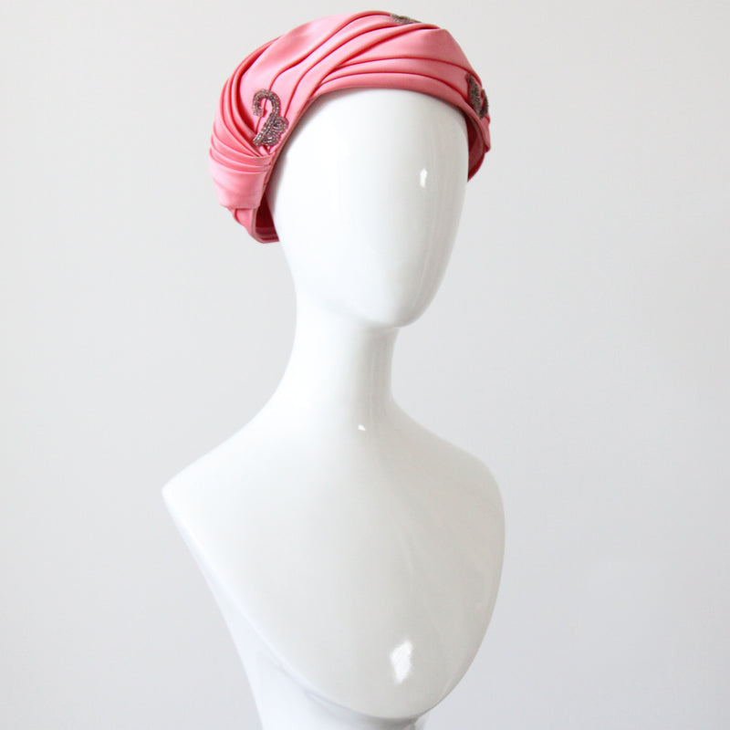"Pink Pleated Satin" Vintage 1960's Pink Pleated Satin & Bead Turban