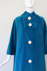 "Aqua Blue Velvet" vintage 1960's Aqua Blue Velvet & Pearl Button Coat UK 10-14 US 6-10