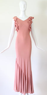 "Waterfall Pleats" Vintage 1930's Blush Crepe Silk Pleated Gown UK 8 US 4