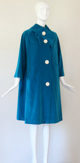 "Aqua Blue Velvet" vintage 1960's Aqua Blue Velvet & Pearl Button Coat UK 10-14 US 6-10