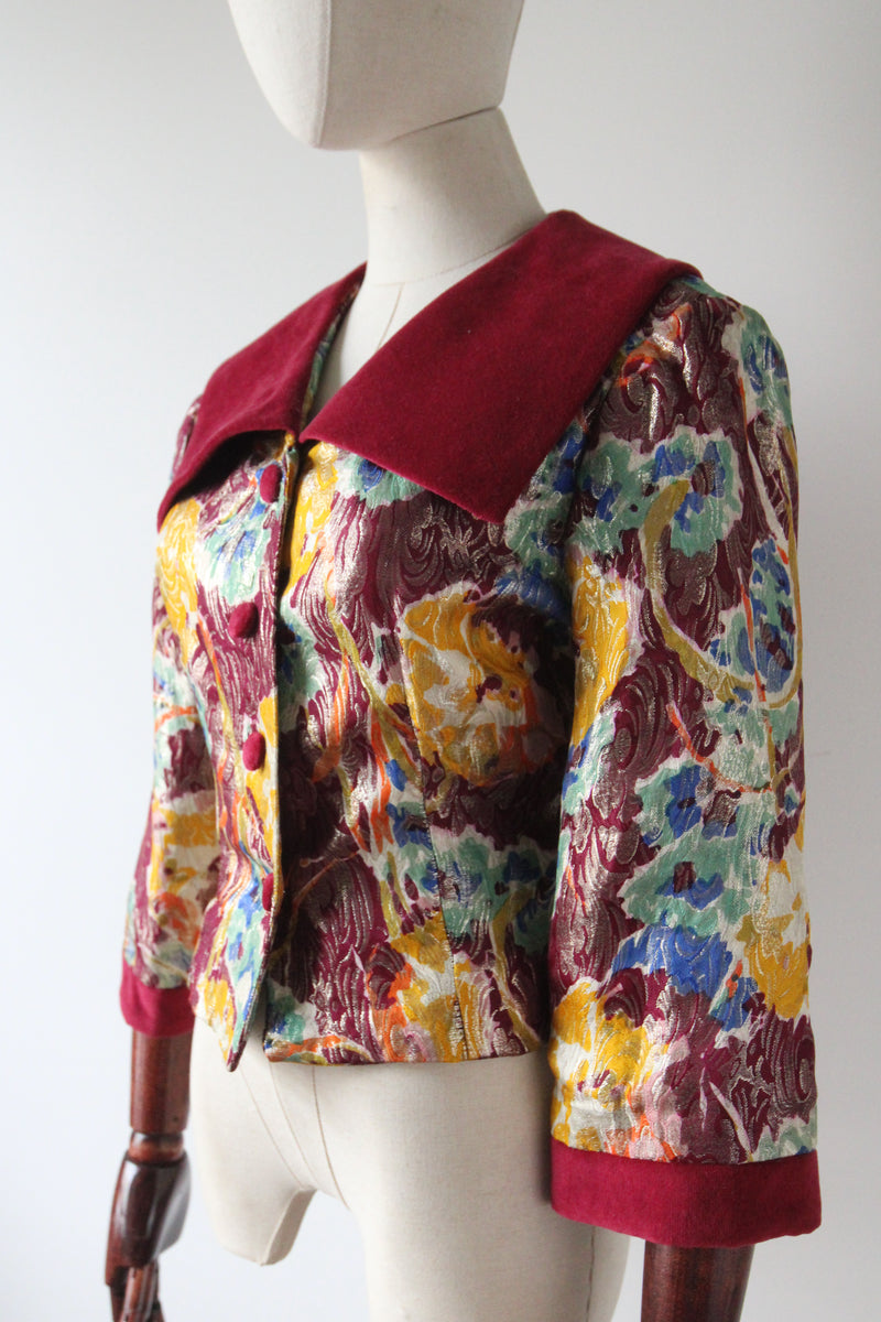 "Jewel Tone Lamé & Velvet" Vintage 1950's Jewel Tone Floral Lamé & Burgundy Velvet Jacket UK 12 US 8