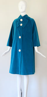 "Aqua Blue Velvet" vintage 1960's Aqua Blue Velvet & Pearl Button Coat UK 10-14 US 6-10