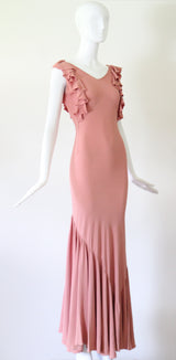 "Waterfall Pleats" Vintage 1930's Blush Crepe Silk Pleated Gown UK 8 US 4