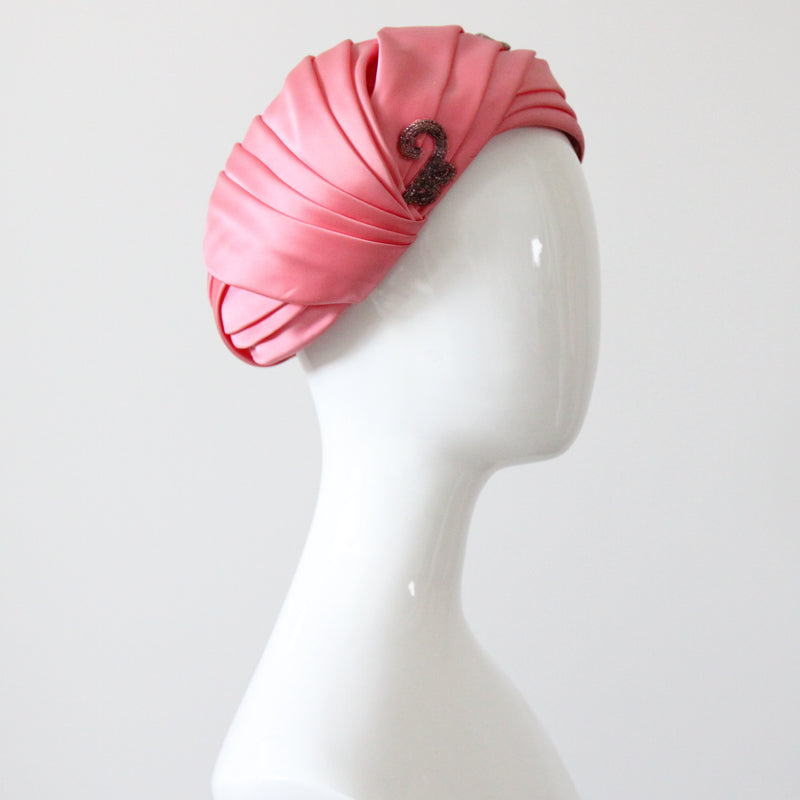 "Pink Pleated Satin" Vintage 1960's Pink Pleated Satin & Bead Turban
