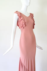 "Waterfall Pleats" Vintage 1930's Blush Crepe Silk Pleated Gown UK 8 US 4