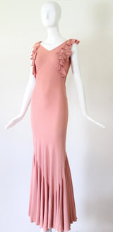 "Waterfall Pleats" Vintage 1930's Blush Crepe Silk Pleated Gown UK 8 US 4